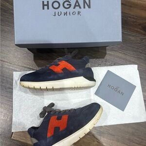 Hogan Kids Navy Sneakers with Orange H Accent